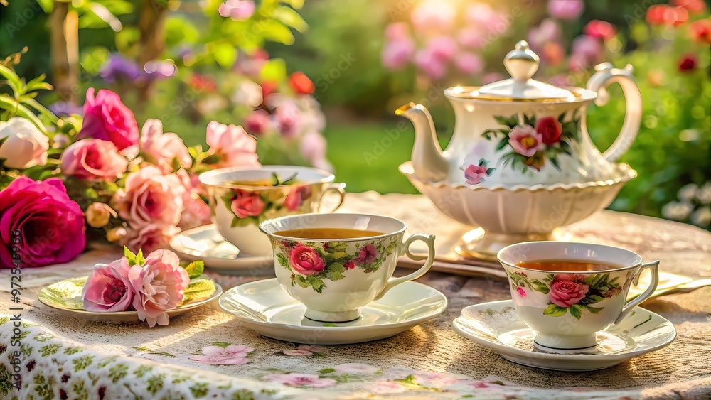 Fototapeta premium Vintage Floral Tea Set in Garden, Sunny Afternoon Tea Party