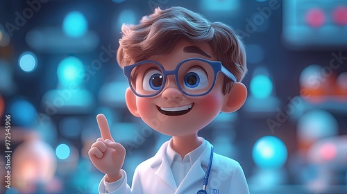 Wallpaper Mural 3d rendering full height male cartoon character cute doctor wears white coat and glasses shows finger up holds blue clipboard health advice concept smart choice or recommendation metaphor Torontodigital.ca