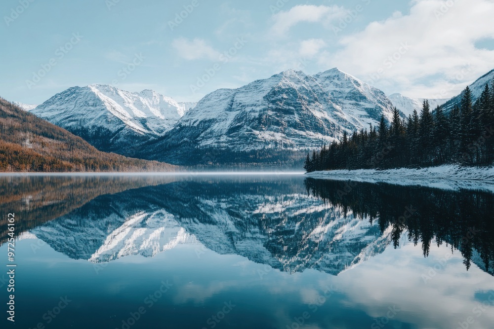Fototapeta premium A serene mountain landscape reflecting in calm waters under a clear blue sky.