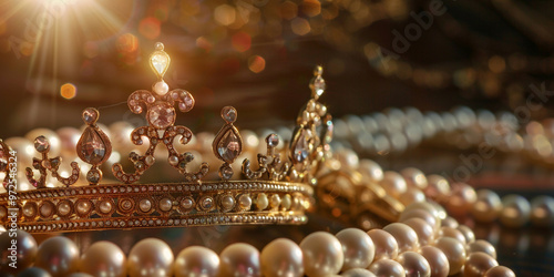 Image of white pearls necklace and diamond tiara on  Luxury Diamond Tiara and Pearls Necklace Close-Up photo