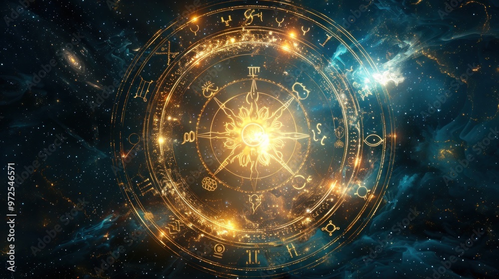 Obraz premium Intricate Zodiac Wheel Features Intricate Design and Luminous Center
