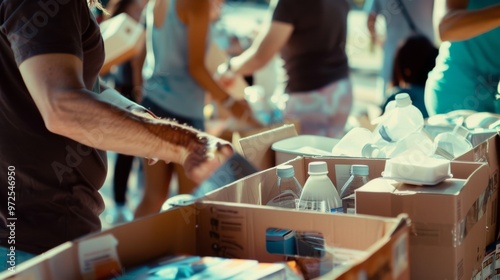 People organizing and distributing supplies in cardboard boxes, highlighting community effort and teamwork amid a lively outdoor scene.