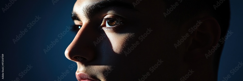 A close-up profile of a young man's face with dramatic lighting highlighting his features. A close-up profile of a young man's face with dramatic lighting highlighting his features.