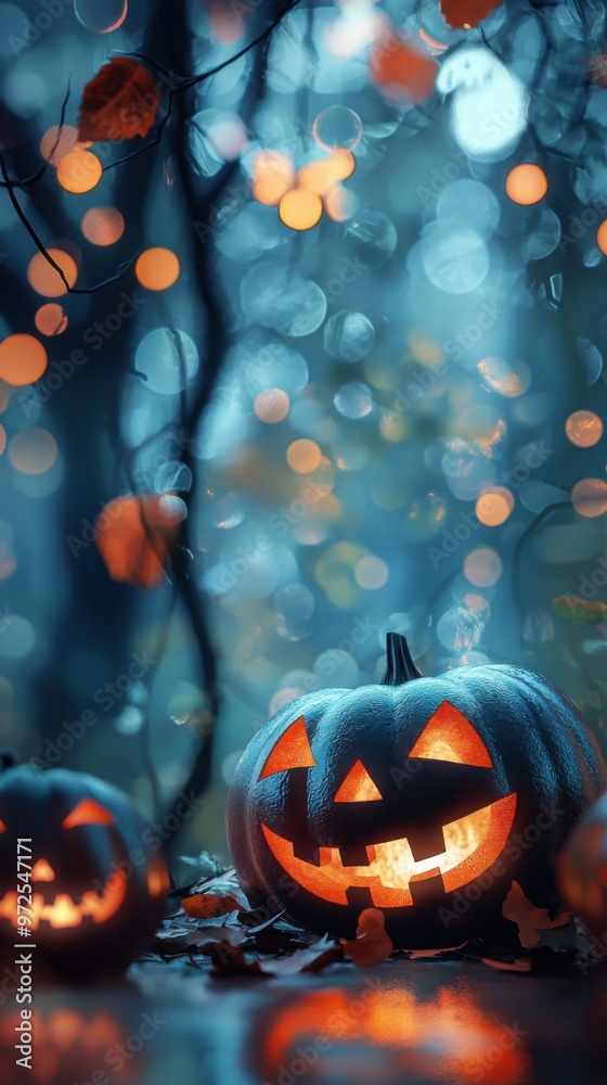 Naklejka premium Eerie illustration of halloween day with bokeh and blur background. Premium illustration for banners, posters, greetings and Halloween celebrations.
