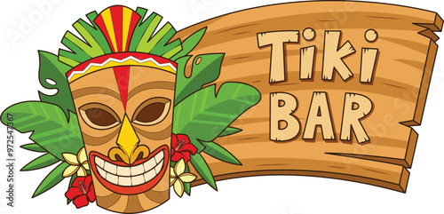 Wooden tiki bar sign with a mask to the left vector image