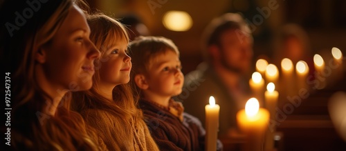 A family attending a Christmas Eve service, illuminated by the warm glow of candlelight in a peaceful church setting.