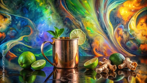 Moscow mule in copper mug with lime and ginger against abstract colorful background