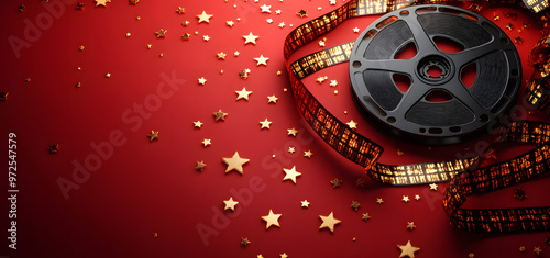 “Red Background with Golden Stars and Film Reel Decorations for a Cinematic Theme”
 photo