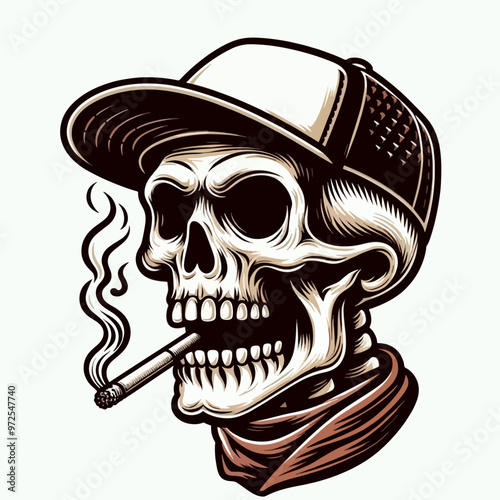 A skull with a cigarette in its mouth and a hat on its head logo