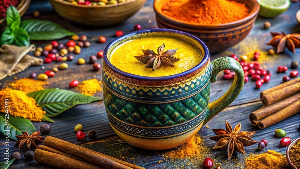Golden turmeric latte with spices in a traditional mug on a vibrant table Golden turmeric latte with spices in a traditional mug on a vibrant table