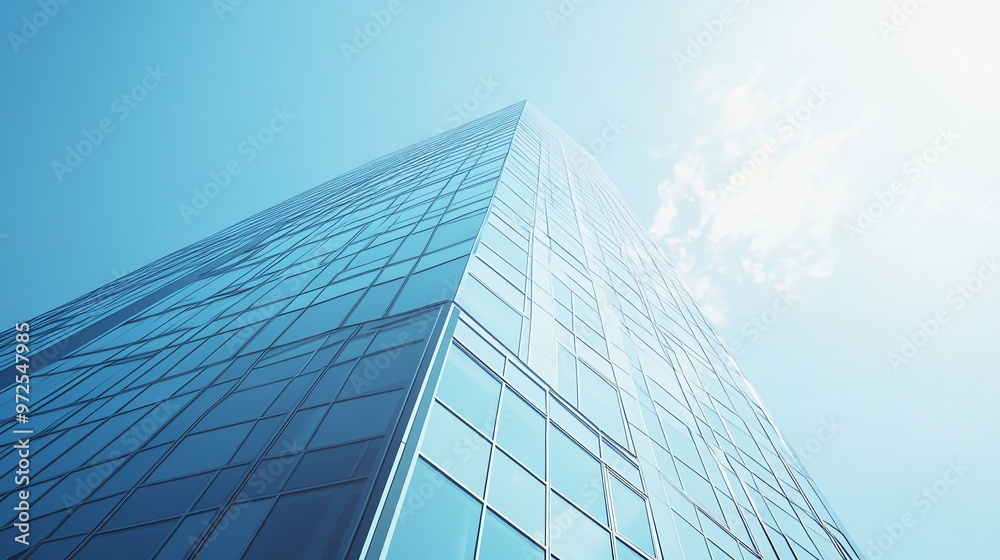 Low angle view of a modern skyscraper reaching towards a bright blue sky. Low angle view of a modern skyscraper reaching towards a bright blue sky.