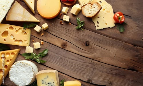 Vielfältige Käsesorten auf rustikalem Holz mit Rosmarin und Tomaten