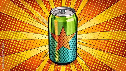 Colorful pop art soda can with a star design and comic-style background