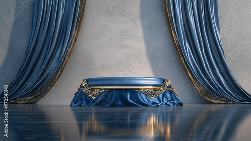 A podium shrouded in luxurious blue silk with gold accents, reflecting off the high-gloss polished floor. The minimalist wall behind enhances the modern, high-end vibe of the scene.