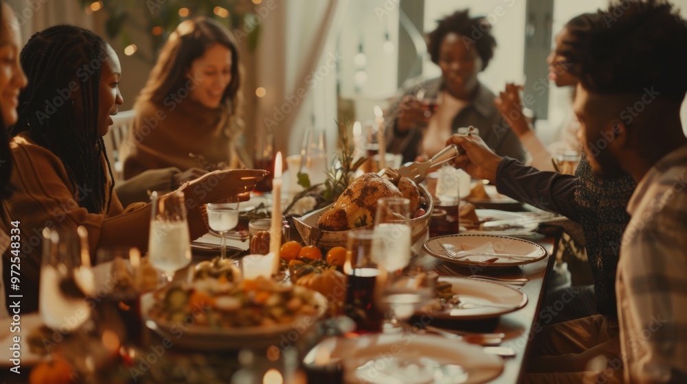 A family and friends gathered around a warmly lit dinner table, sharing a festive meal with a roasted turkey as the centerpiece. A family and friends gathered around a warmly lit dinner table, sharing a festive meal with a roasted turkey as the centerpiece.