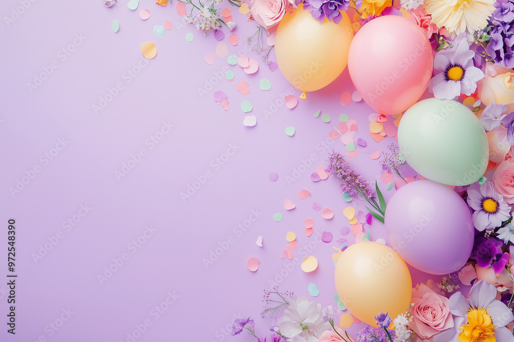 Flowers and balloons in pastel colors with confetti, purple background with space for text