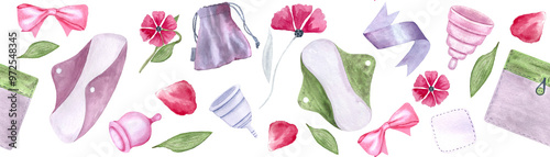 A menstrual cup, a period pad, a fabric pouch ribbons petals watercolor seamless border isolated on white. Great for eco-friendly menstrual care design, packaging, websites, tape Sustainable lifestyle photo