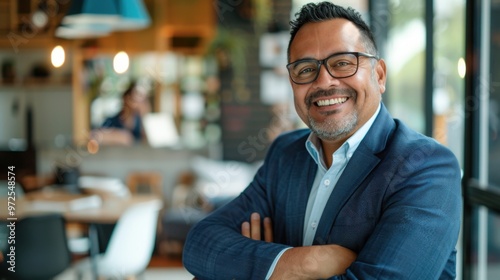 Happy confident Latino businessman smiling and sitting in his modern office with copy space, concept of successful business owner, manager, small business, self employed banner, boss