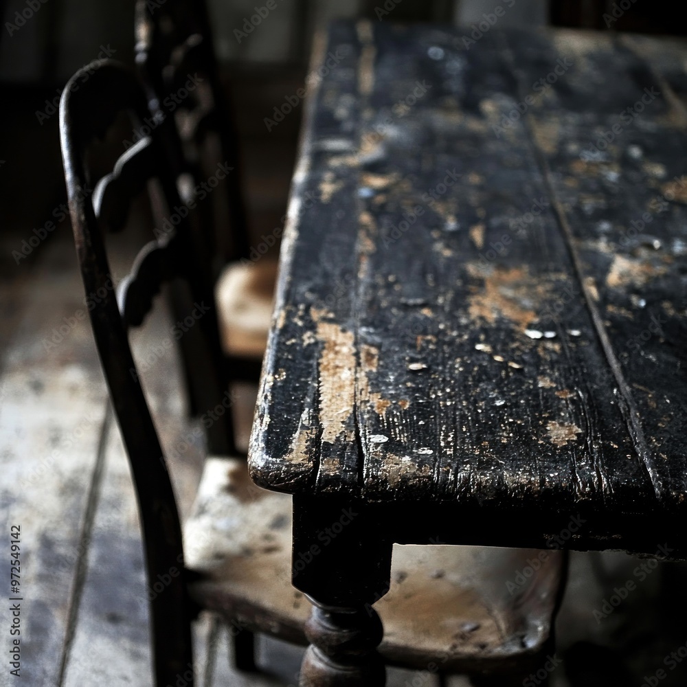 An old, weathered wooden table with chairs in a rustic setting. An old, weathered wooden table with chairs in a rustic setting.