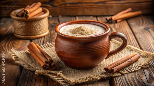 Traditional Mexican atole drink in a rustic clay mug with cinnamon sticks