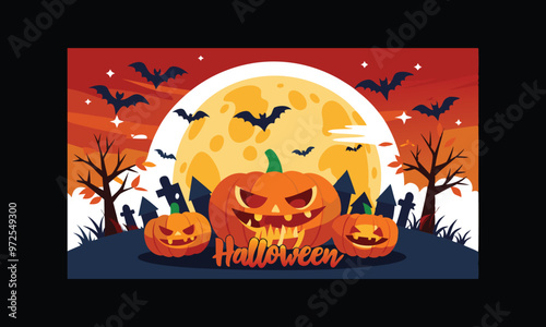 Vector Halloween Scene with Large Full Moon.