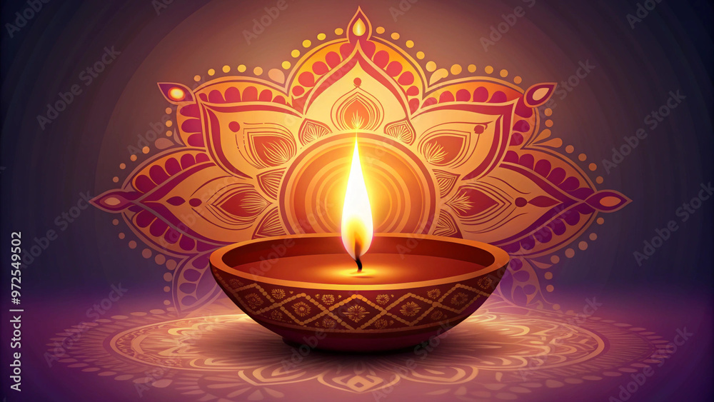 A lit Diwali diya with intricate mandala designs in the background, symbolizing light, hope, and the festive spirit of Diwali. The warm glow of the diya enhances the celebratory atmosphere. A lit Diwali diya with intricate mandala designs in the background, symbolizing light, hope, and the festive spirit of Diwali. The warm glow of the diya enhances the celebratory atmosphere.