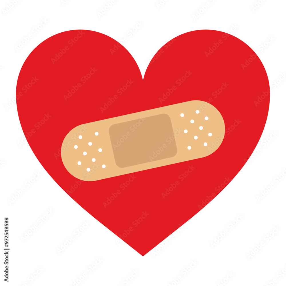 Red Heart fixed with a plaster patch, vector illustration icon or logo, fixed broken heart concept, breakup or divorce, heartbreak regret, separated couple, tragic love. Red Heart fixed with a plaster patch, vector illustration icon or logo, fixed broken heart concept, breakup or divorce, heartbreak regret, separated couple, tragic love.