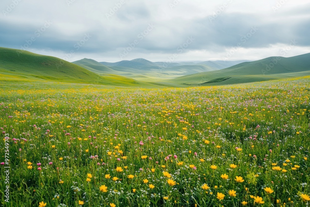 A serene landscape featuring a vibrant field of wildflowers under a cloudy sky. A serene landscape featuring a vibrant field of wildflowers under a cloudy sky.