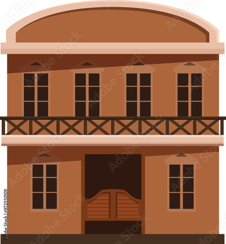 Wild west saloon building facade with balcony and swinging doors, flat style