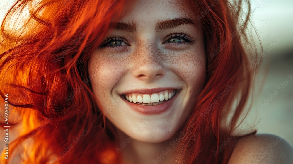 Close up portrait of a woman with red hair and freckles smiling.