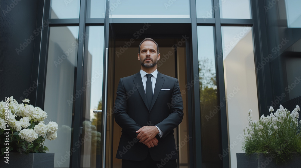 Serious man in a black suit standing in front of modern building with flowers, professional and formal Serious man in a black suit standing in front of modern building with flowers, professional and formal