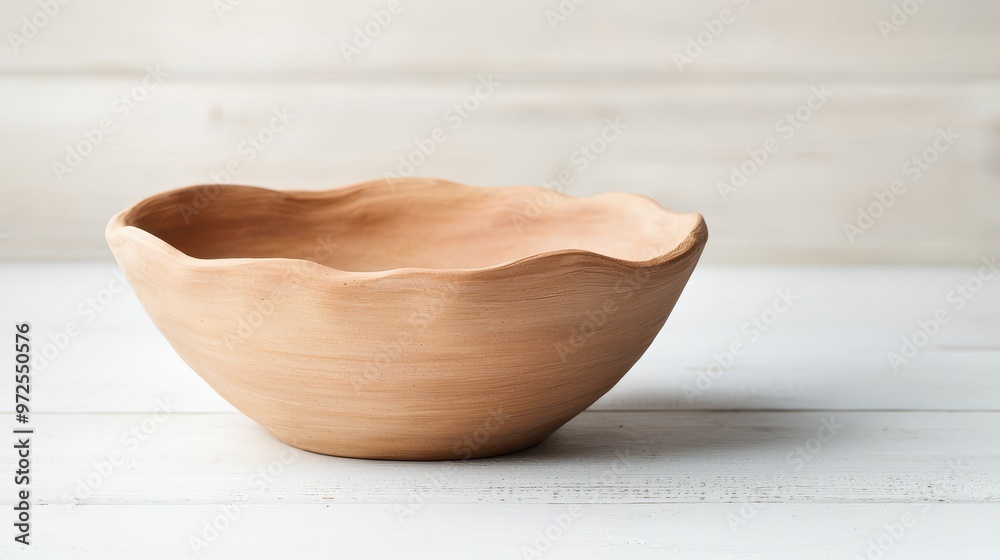A simple, rustic terracotta bowl sits on a white wooden table. The bowl has an uneven, organic shape.