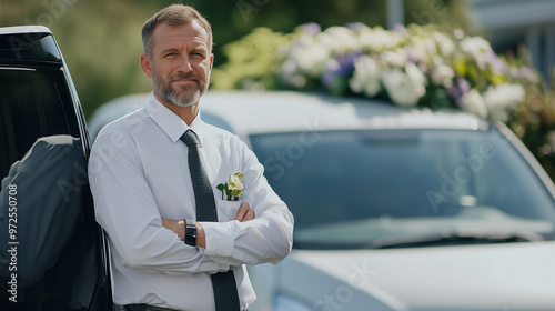 Confident funeral director standing beside a hearse with floral arrangements