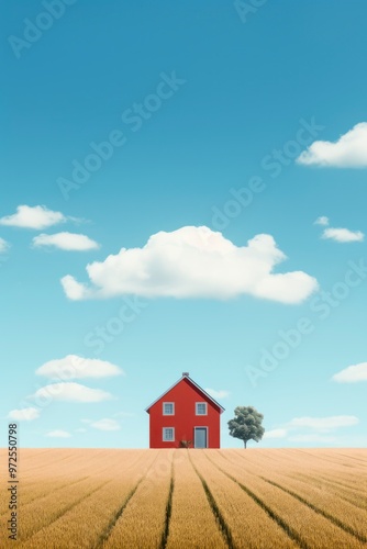 House on green field with blue sky and clouds. Real estate concept