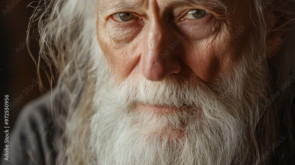 Close up portrait of an old man with long grey hair and a beard. Close up portrait of an old man with long grey hair and a beard.