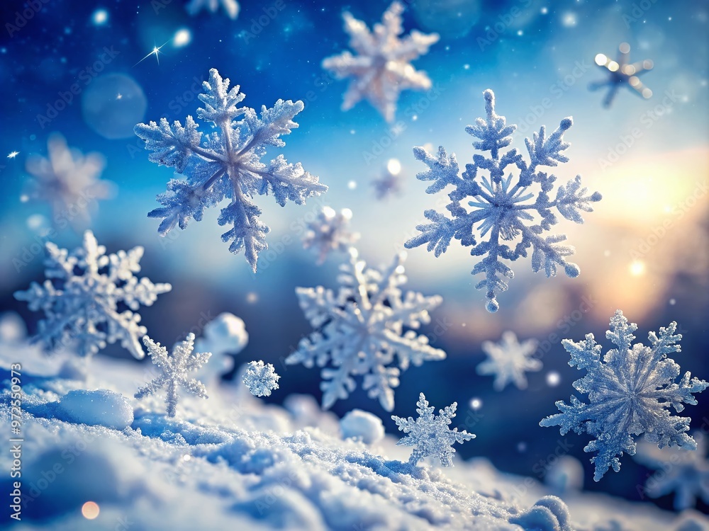 Delicate, intricately shaped snowflakes gently fall against a soft focus, serene blue winter sky, capturing the magical Delicate, intricately shaped snowflakes gently fall against a soft focus, serene blue winter sky, capturing the magical