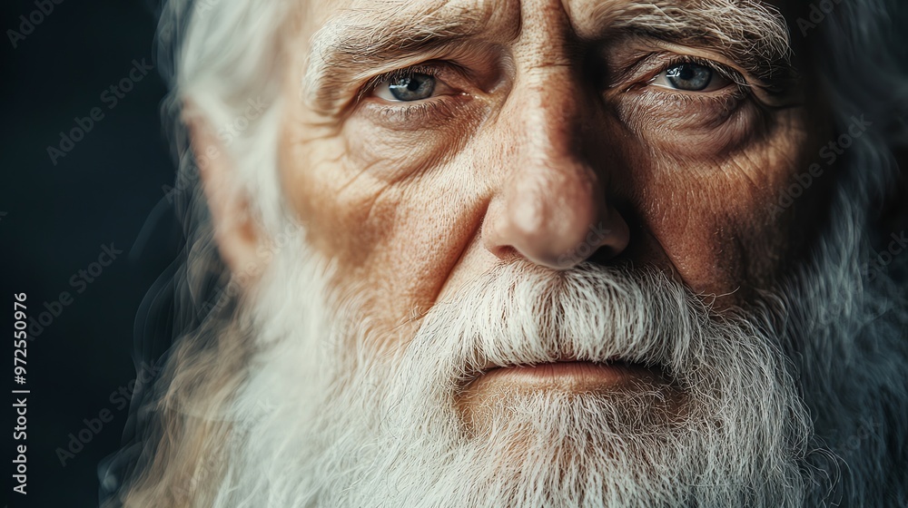 Close-up portrait of a senior man with a long white beard and blue eyes. Close-up portrait of a senior man with a long white beard and blue eyes.