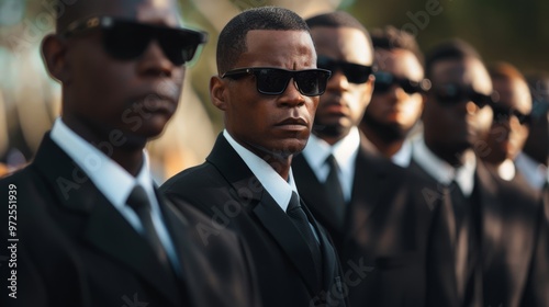 A group of men in suits and sunglasses stand in a line photo