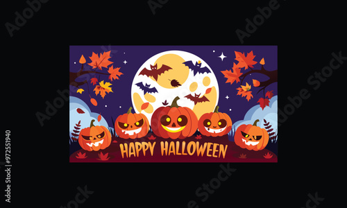 Vector Halloween Scene with Large Full Moon.