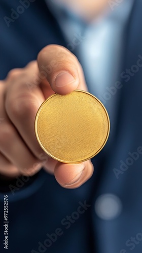 Close up of a hand holding out a gold coin. The coin is shiny and new. The person is wearing a suit jacket.