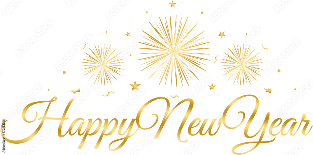 gold lettering - happy new year, gold fireworks, stars, vector, png