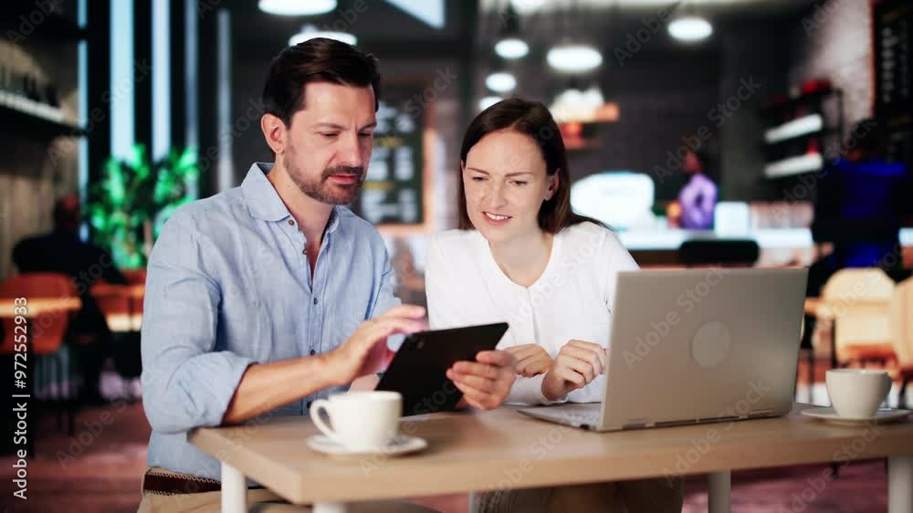 Coworkers Using Technology Lifestyle. Man And Woman Drinking Coffee Coworkers Using Technology Lifestyle. Man And Woman Drinking Coffee