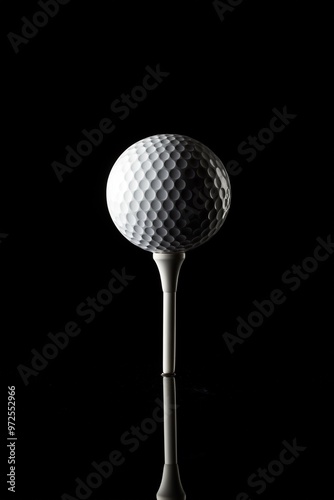 A white golf ball on a tee against a black background 