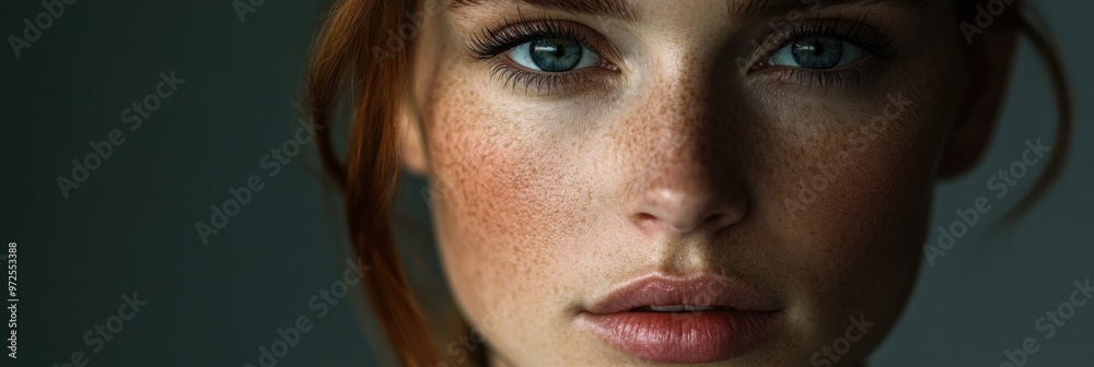 Obraz premium Close-up portrait of a young woman with freckles and striking blue eyes.