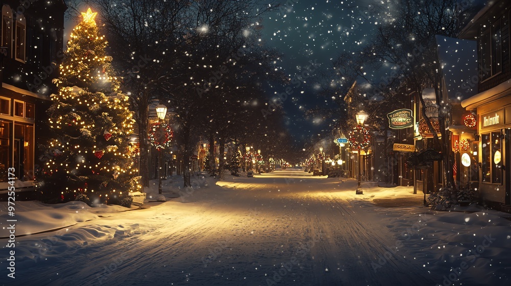 A snowy street lined with charming buildings and a glowing Christmas tree. A snowy street lined with charming buildings and a glowing Christmas tree.