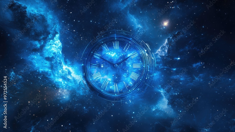 A futuristic computer time clock floating in the vastness of space, surrounded by stars and cosmic elements, representing advanced technology and the universe A futuristic computer time clock floating in the vastness of space, surrounded by stars and cosmic elements, representing advanced technology and the universe