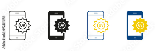 UV Index Level Mobile App Line and Silhouette Icon Set. Ultraviolet Radiation Smartphone Application Pictogram. Editable Stroke. Isolated Vector Illustration