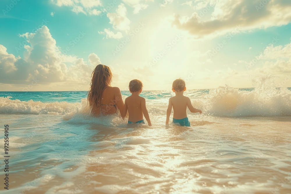 Fototapeta premium A serene sunset at the beach, featuring a mother and her children playing in the gentle waves, evoking joy and togetherness.