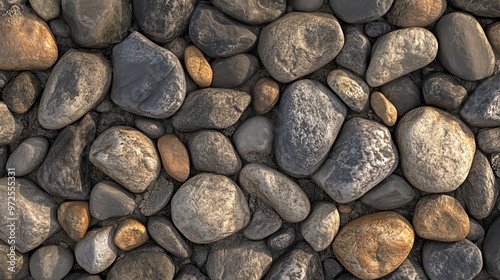 Close-up of smooth, gray and brown river rocks.