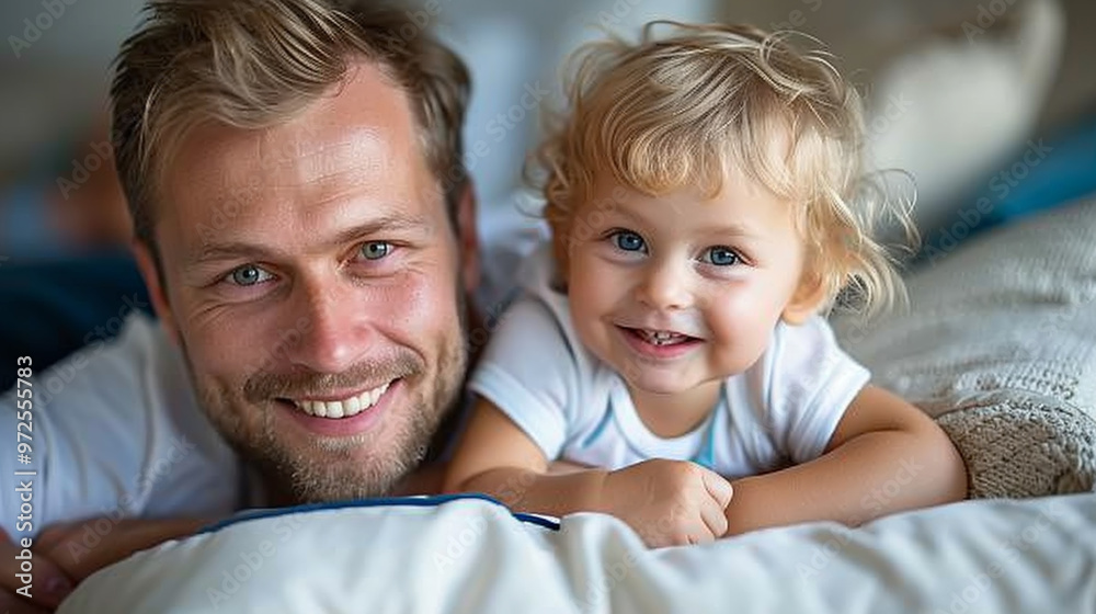 Smiling Father and Daughter Bonding Together on Cozy Home Bed Smiling Father and Daughter Bonding Together on Cozy Home Bed